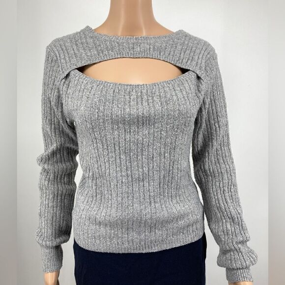 Pink Rose Ribbed Cutout Grey Top Size L - Picture 2 of 7